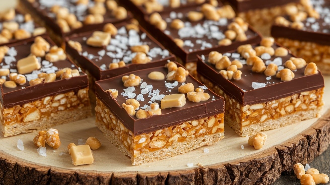 No-Bake Toffee Crunch Bars with chocolate and toffee bits on a wooden platter.