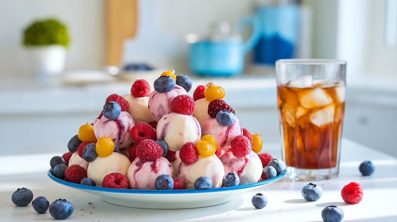 Colorful frozen yogurt berry bites on a white plate with fresh berries, set in a sunny kitchen.