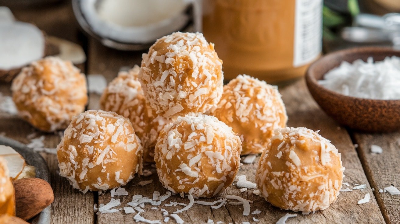 No-bake almond butter coconut bites on a wooden table with shredded coconut and almond butter.