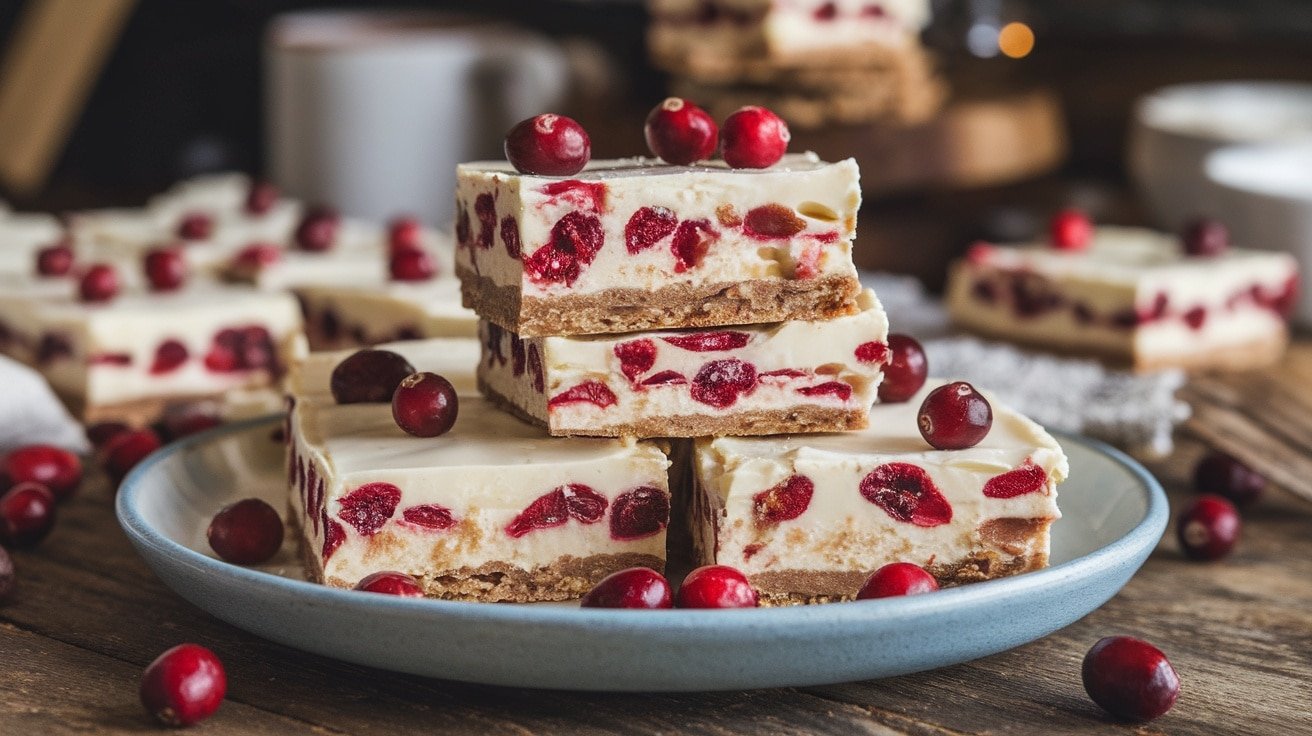 No-Bake White Chocolate Cranberry Bars on a plate with cranberries, nestled in a rustic kitchen setting.