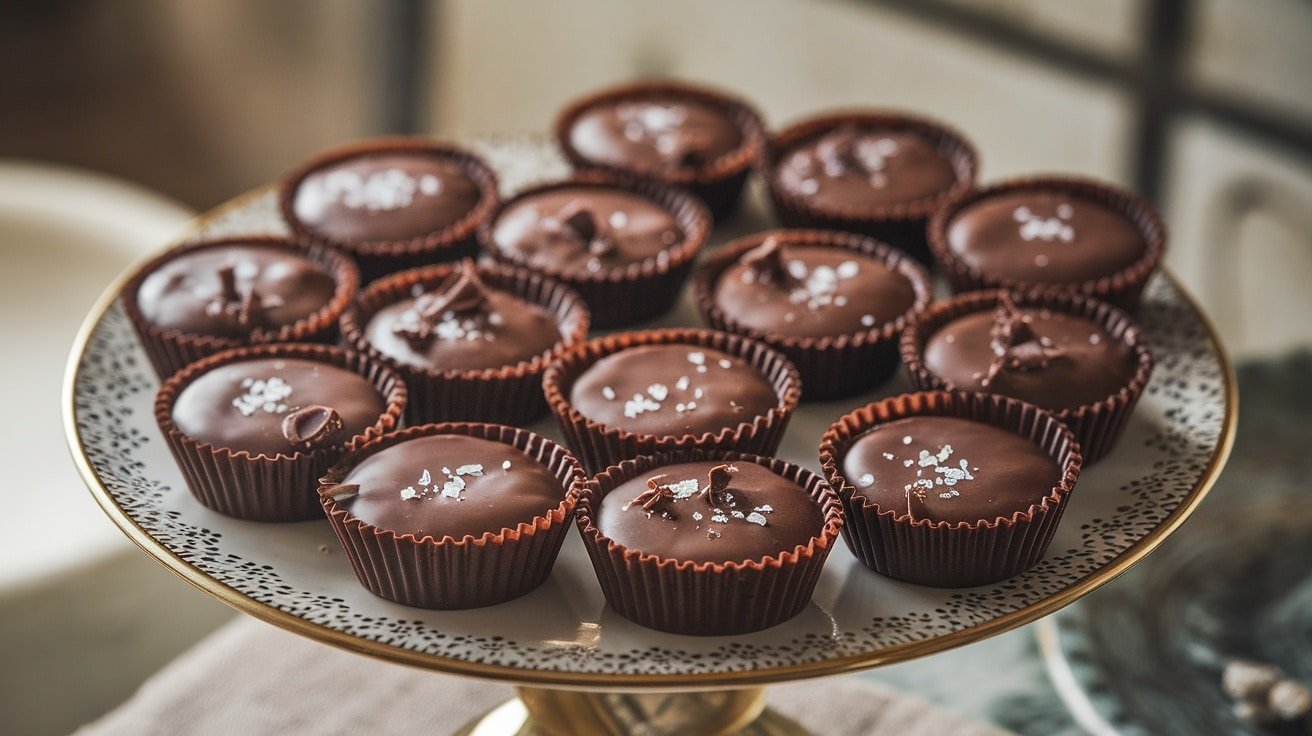 No-bake chocolate caramel cups with a glossy chocolate shell and gooey caramel filling, sprinkled with sea salt.
