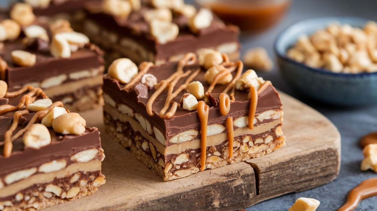 Decadent No-Bake Snickers Protein Bars with chocolate, peanuts, and caramel on a wooden board.