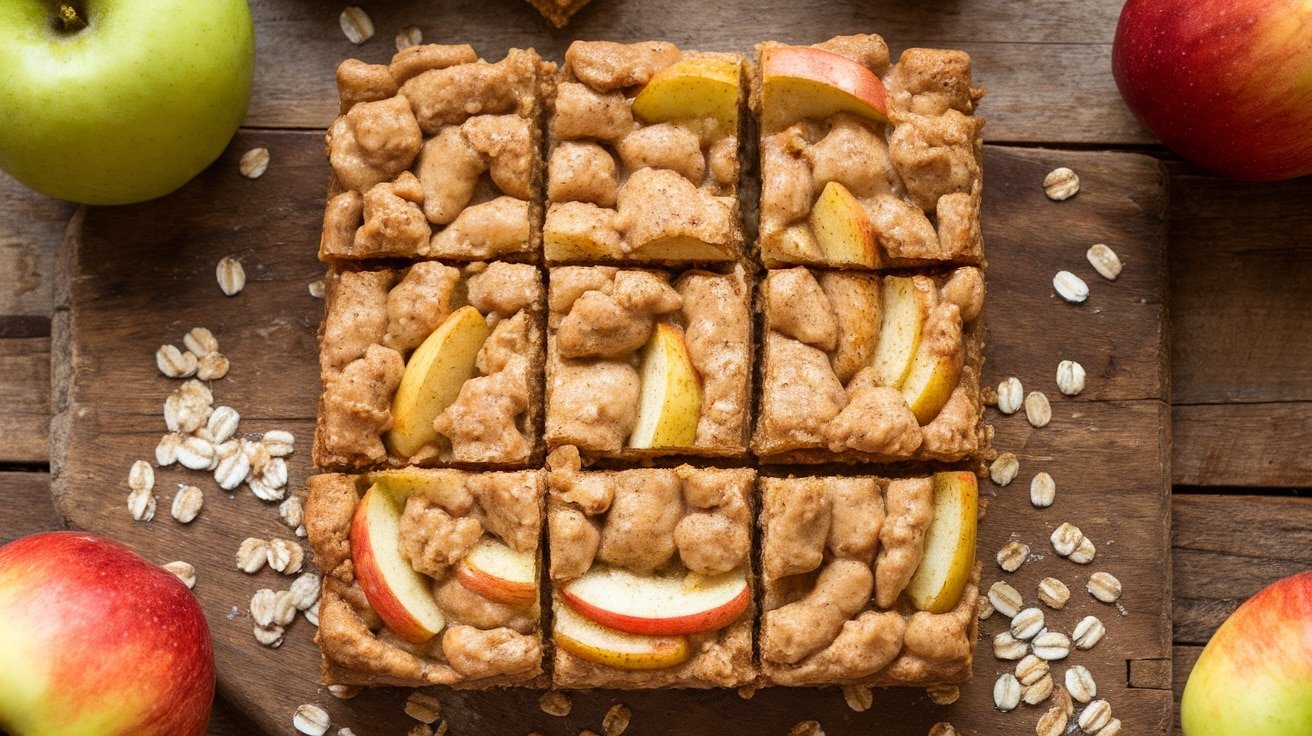 No-Bake Apple Cinnamon Oat Bars on a wooden table with apples and oats.