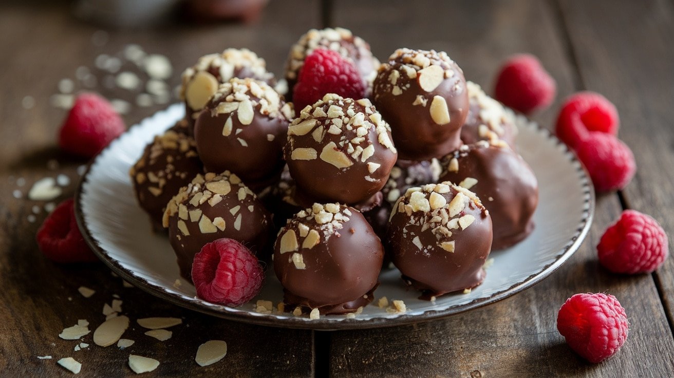 A plate of No-Bake Raspberry Almond Truffles coated in chocolate, garnished with crushed almonds, on a wooden table.