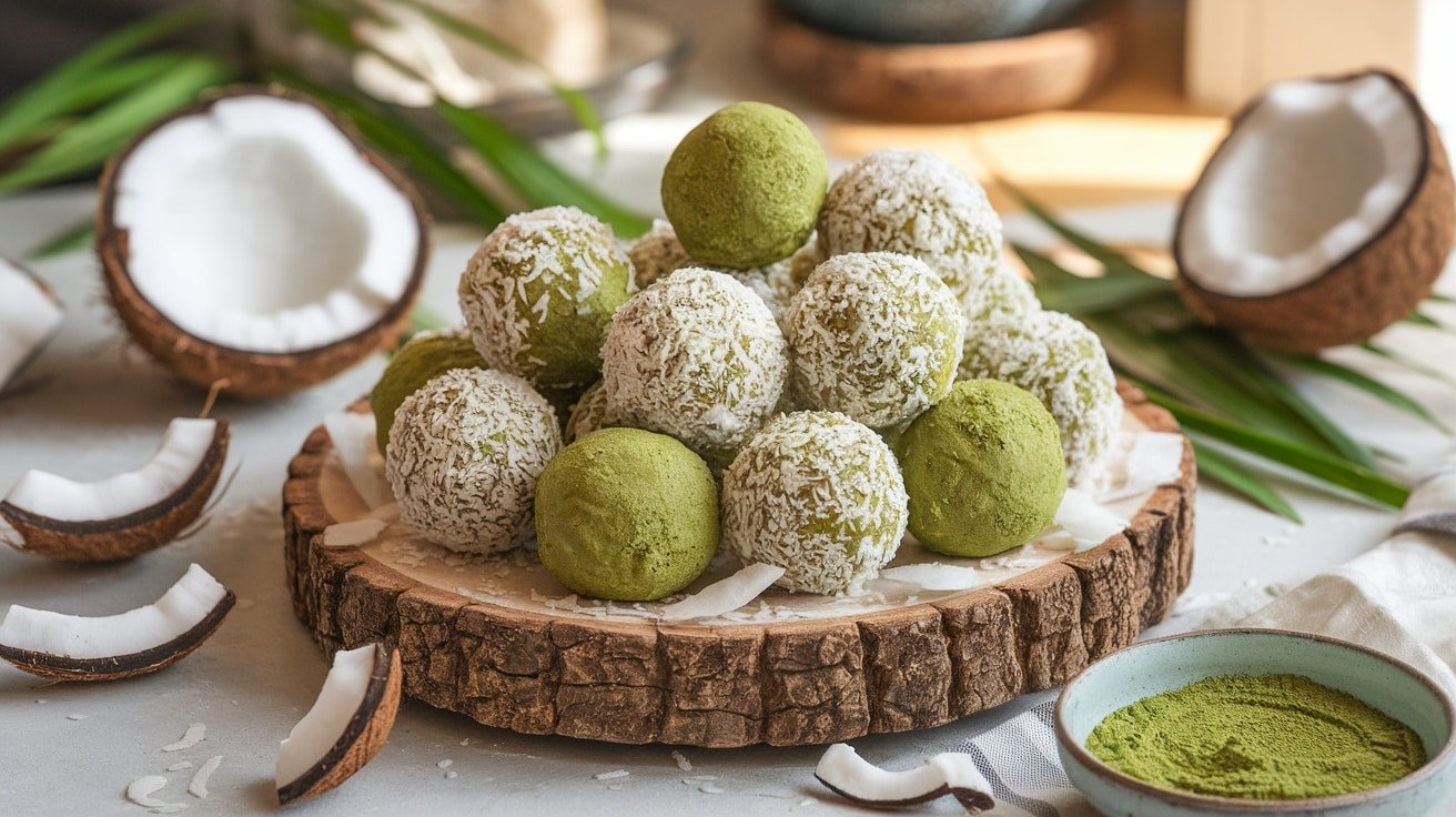 A platter of No-Bake Matcha Coconut Balls coated in coconut flakes, with matcha powder and fresh coconut slices.