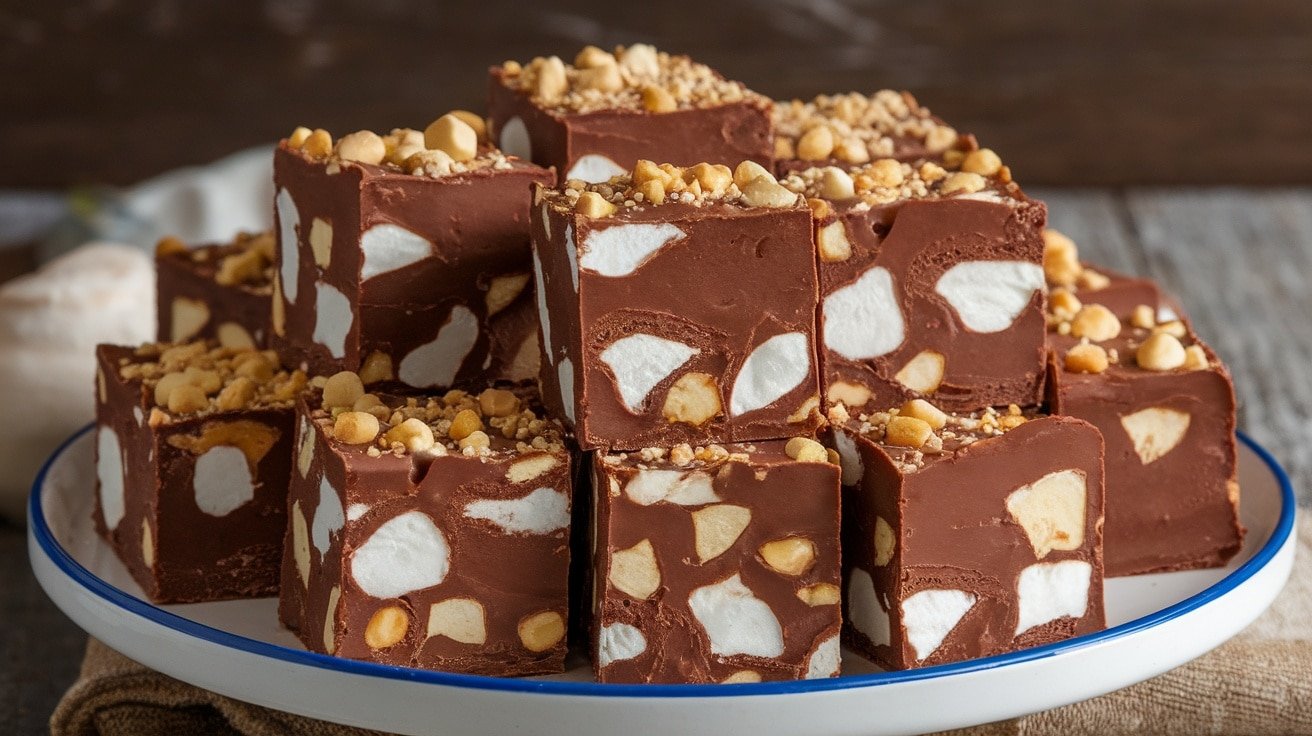 Plate of Classic No-Bake Rocky Road Fudge squares with nuts and marshmallows, on a rustic wooden table.