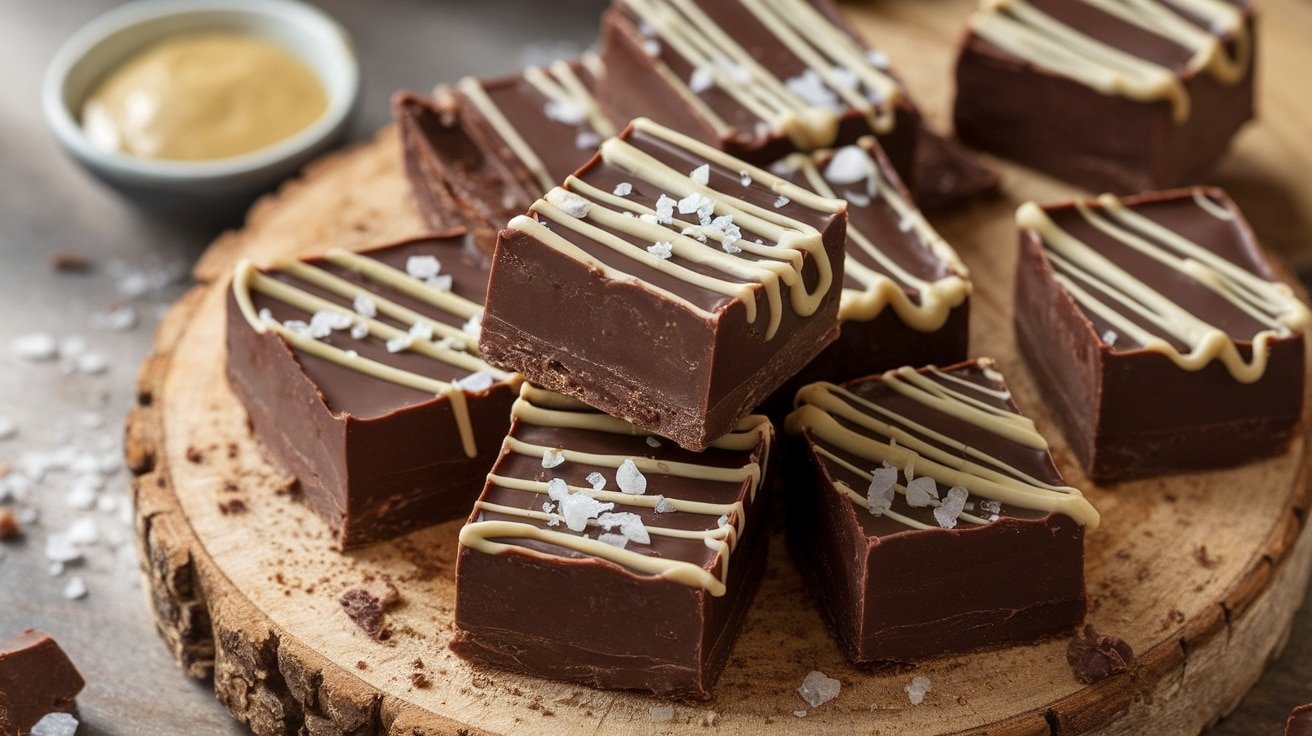 Decadent dark chocolate fudge squares with tahini, garnished with sea salt, on a rustic wooden board.