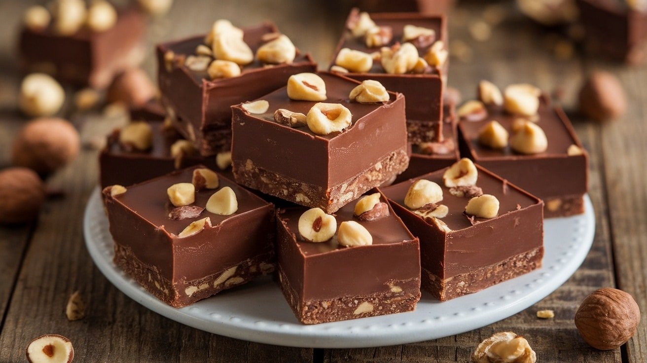 Delicious squares of No-Bake Hazelnut Chocolate Fudge topped with chopped hazelnuts on a rustic wooden table.