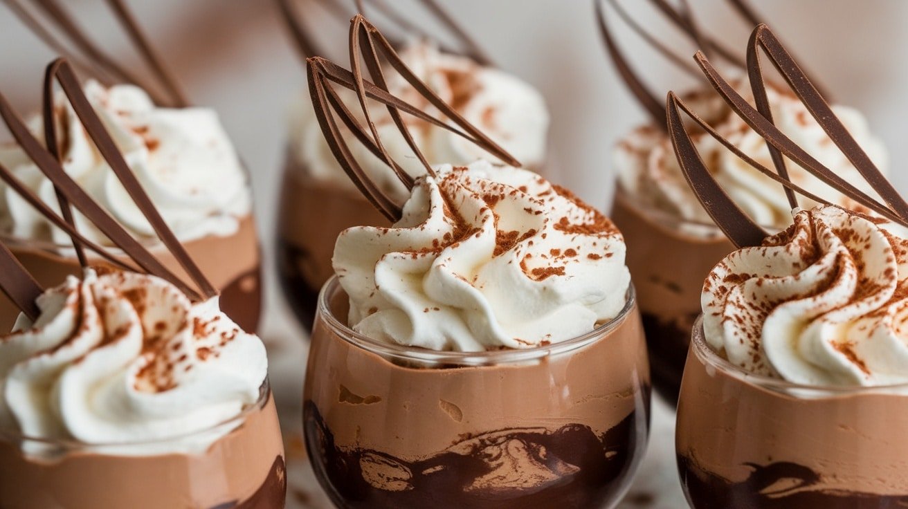Elegant No-Bake Mocha Mousse Cups with whipped cream and chocolate shavings.