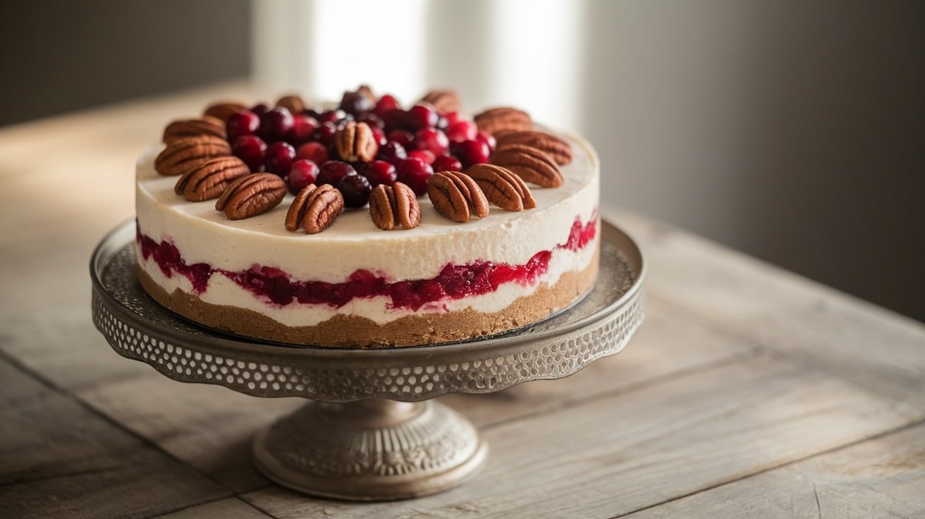 No-bake cranberry pecan cheesecake topped with cranberries and pecans on a cake stand.