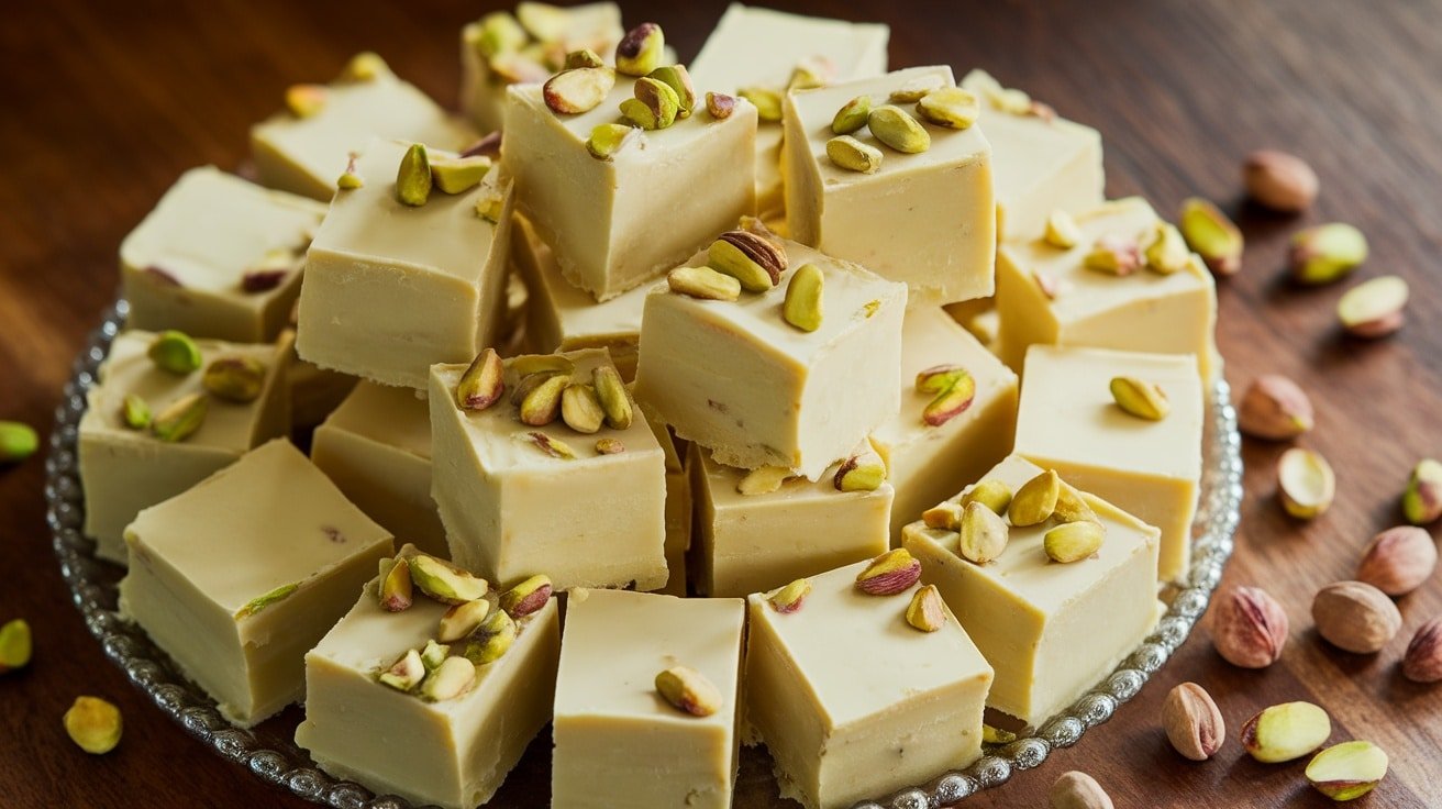 A close-up of white chocolate pistachio fudge squares on a wooden platter, garnished with whole pistachios.