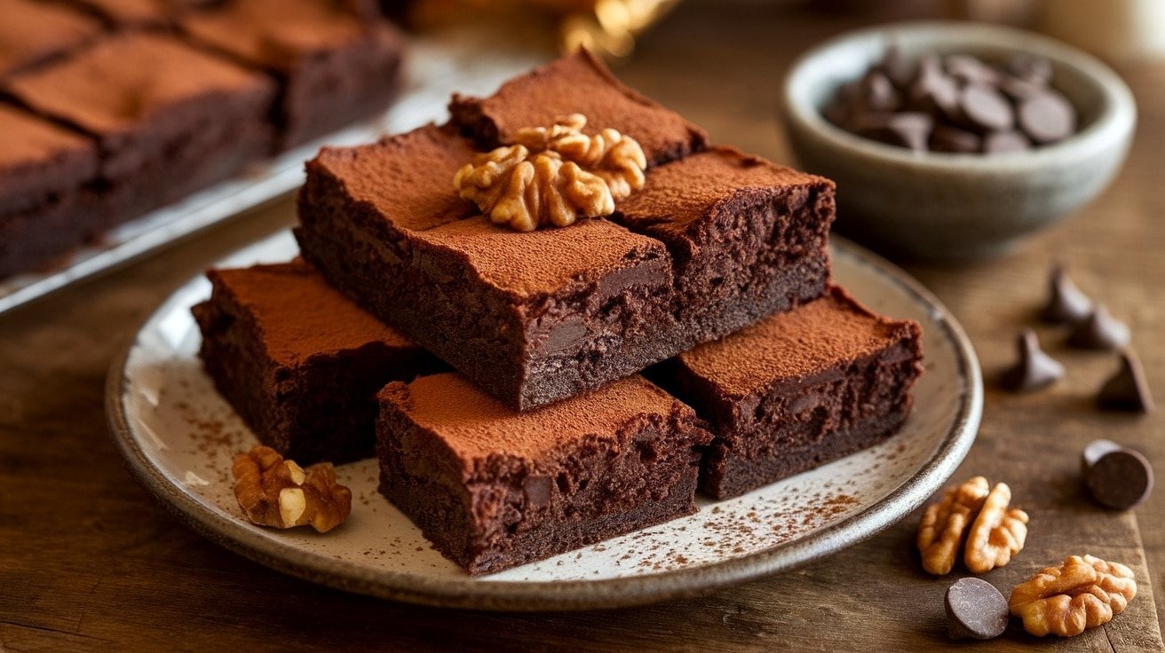 A plate of rich fudgy no-bake brownies with walnuts, on a wooden table.