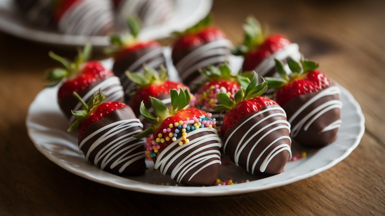 A plate of chocolate dipped strawberries with colorful sprinkles on a rustic wooden table.