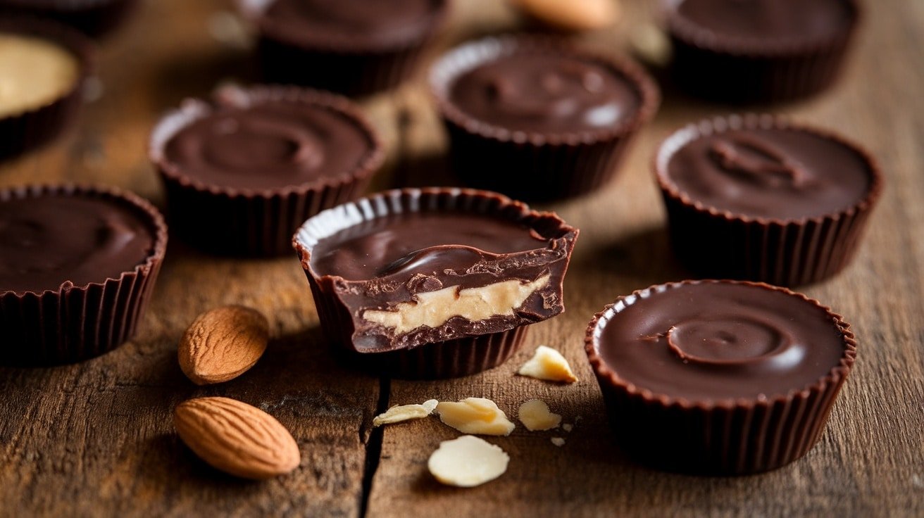 Close-up of No-Bake Dark Chocolate Almond Butter Cups on a wooden table, showcasing the rich chocolate and almond butter filling.