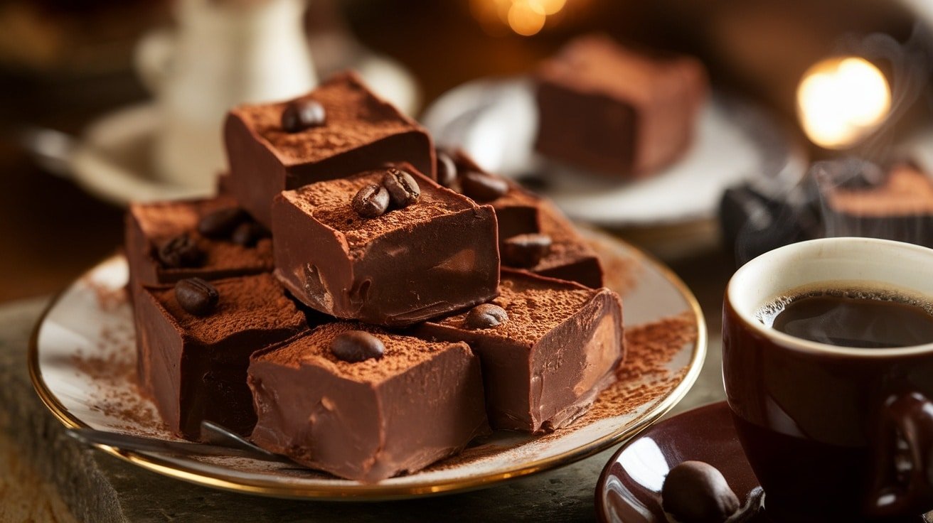 Rich dark chocolate coffee fudge squares on a plate, garnished with cocoa powder and coffee beans, with a cup of coffee in the background.