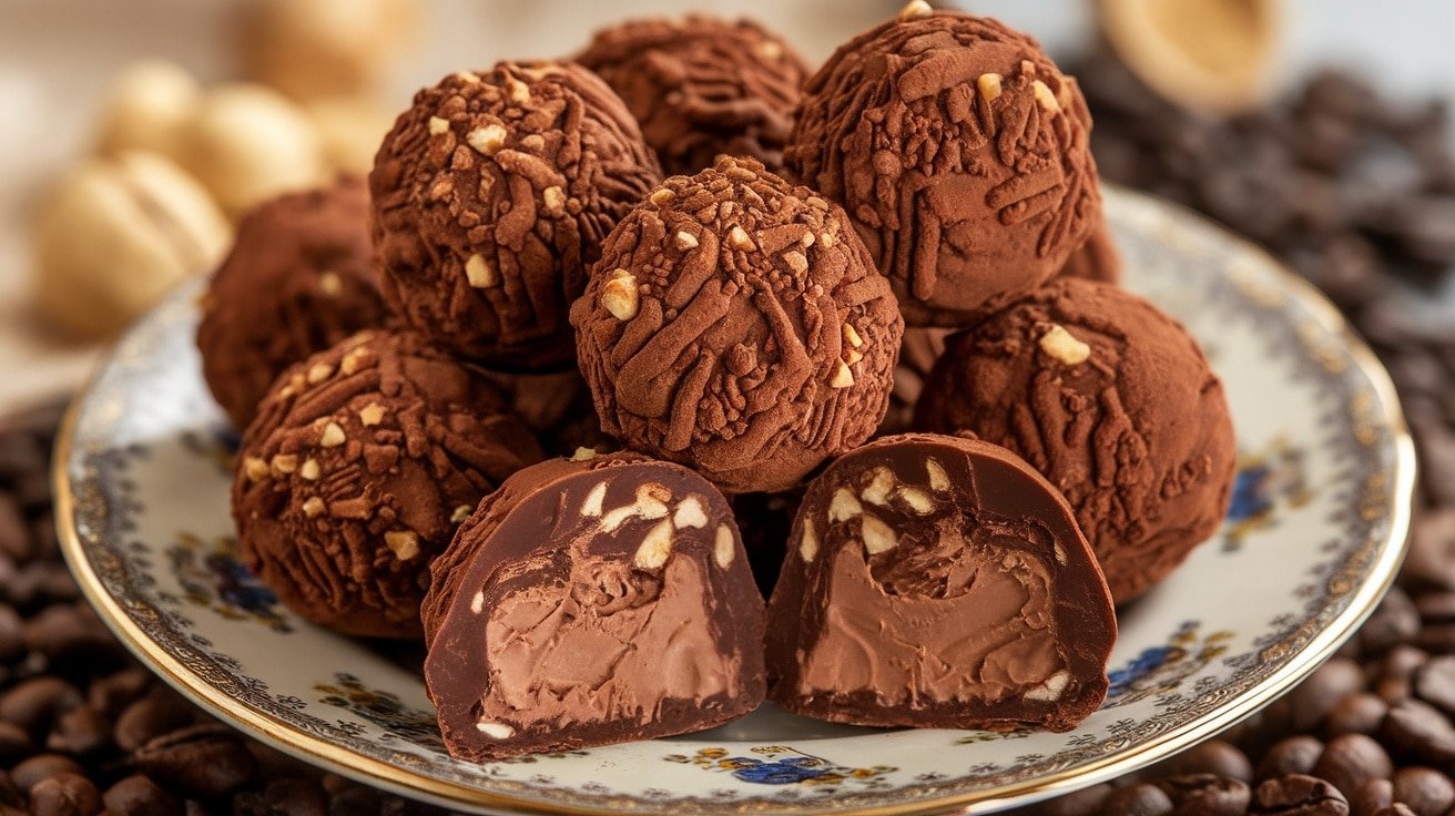 Decadent no-bake hazelnut mocha truffles on a plate, some cut in half to show the creamy interior.