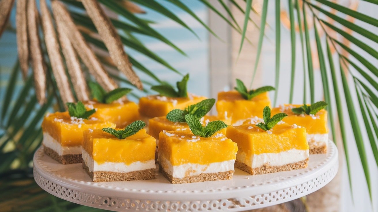 No-Bake Mango Coconut Bars on a platter, layered with mango topping and coconut base, garnished with mint leaves.