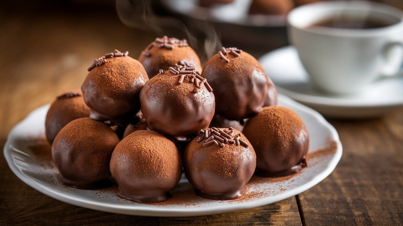 A plate of decadent No-Bake Mocha Truffle Balls dusted with cocoa powder and sprinkles, beside a cup of coffee.