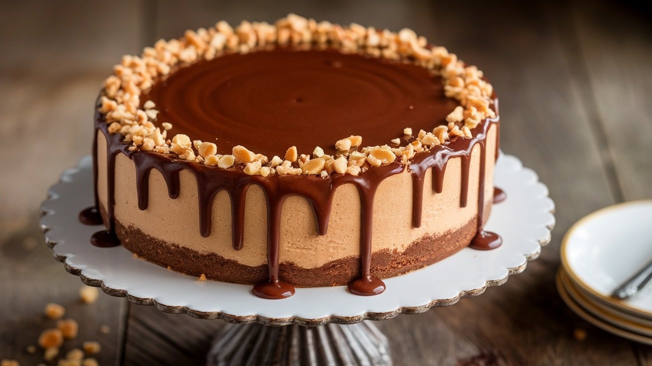 A no-bake peanut butter fudge cheesecake with a chocolate fudge topping and crushed peanuts, presented on a cake stand.