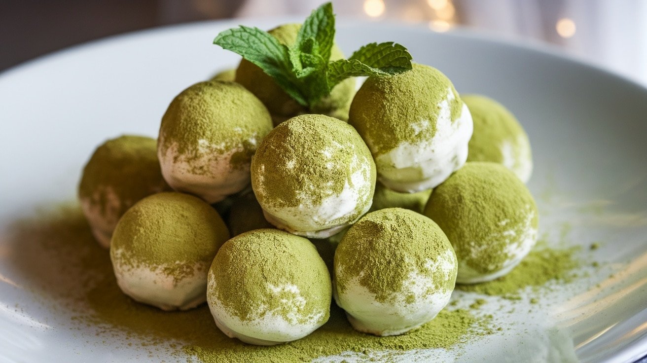 A plate of No-Bake Matcha White Chocolate Truffles rolled in green matcha powder, garnished with mint.
