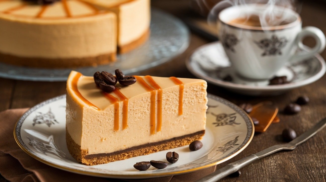 Slice of No-Bake Caramel Espresso Cheesecake with caramel drizzle and coffee beans on a plate.