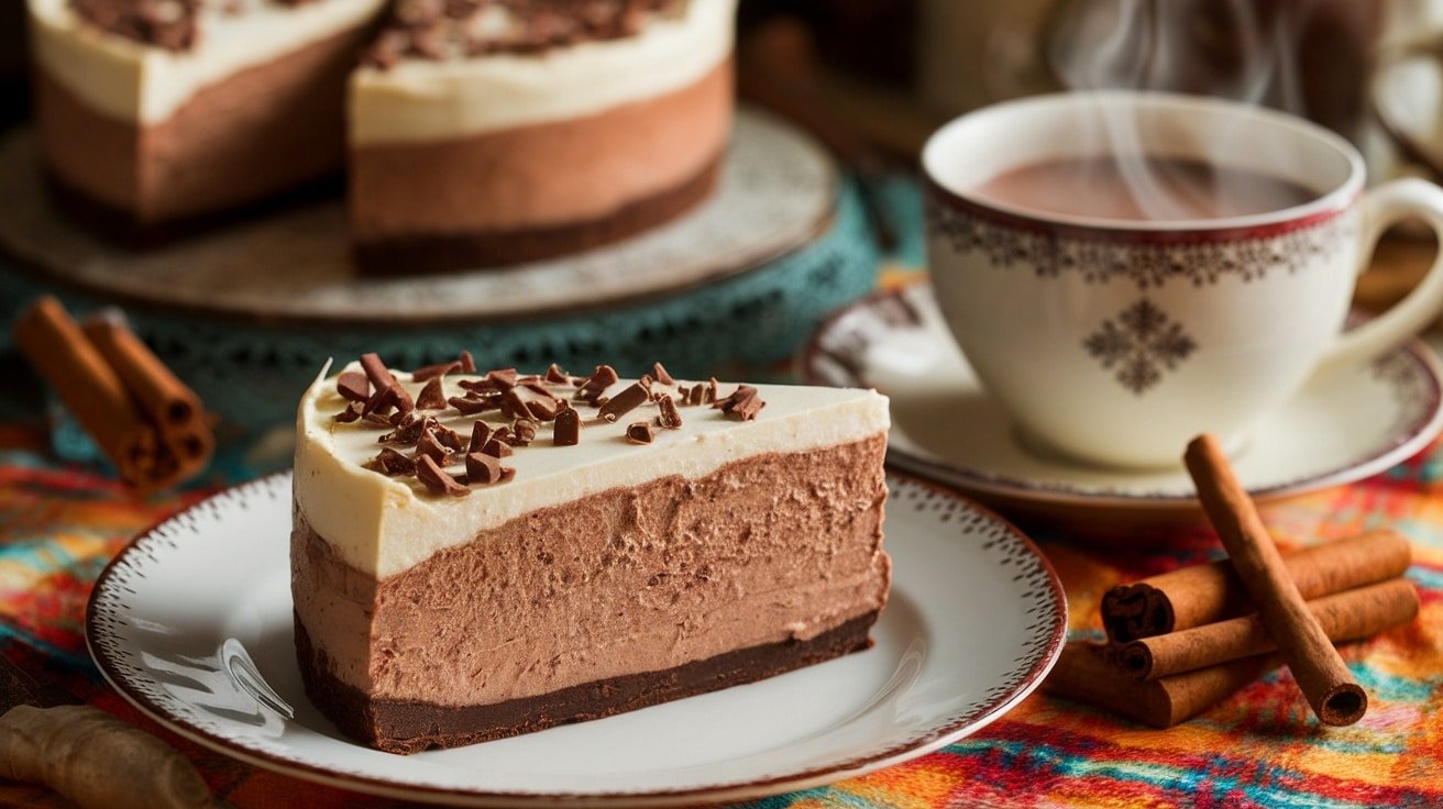 Slice of No-Bake Mexican Hot Chocolate Cheesecake with chocolate shavings and whipped cream, on a decorative table.