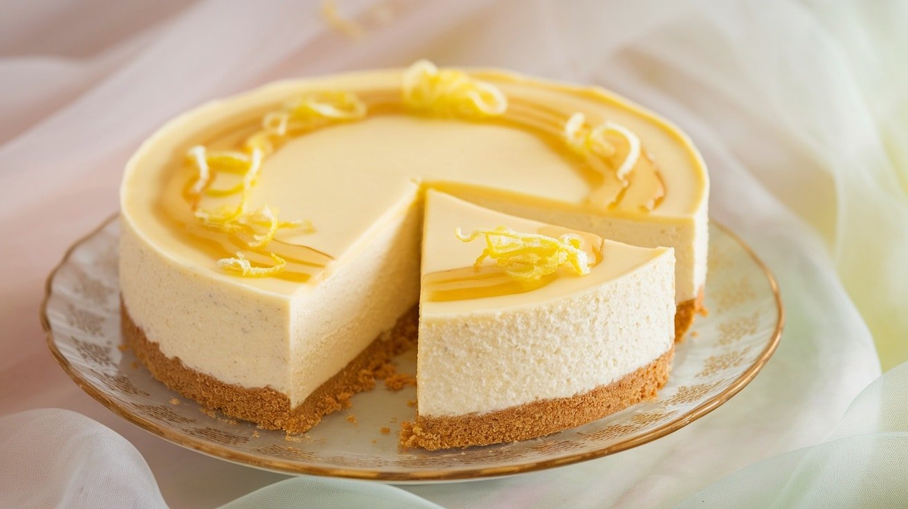 A slice of No-Bake Honey Lemon Cheesecake with honey drizzle and lemon zest on a pastel plate.