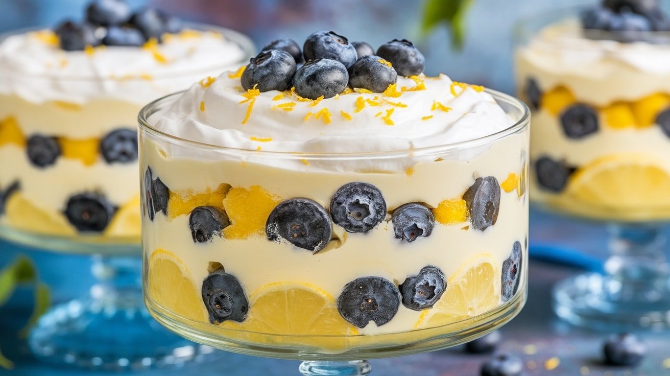 A layered No-Bake Lemon Blueberry Trifle with lemon pudding, blueberries, and whipped cream in a glass dish.