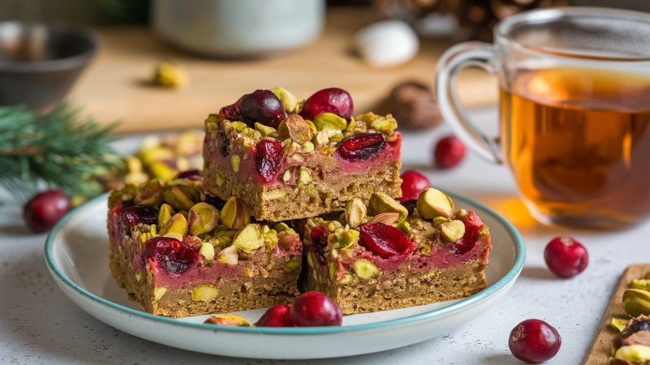 A plate of no-bake cranberry pistachio bliss bars garnished with cranberries and nuts on a wooden table.