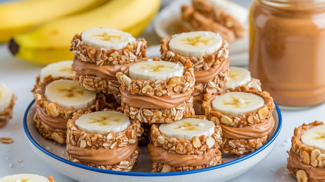 Plate of no-bake peanut butter banana bites, garnished with oats and sea salt, with bananas and peanut butter in the background.