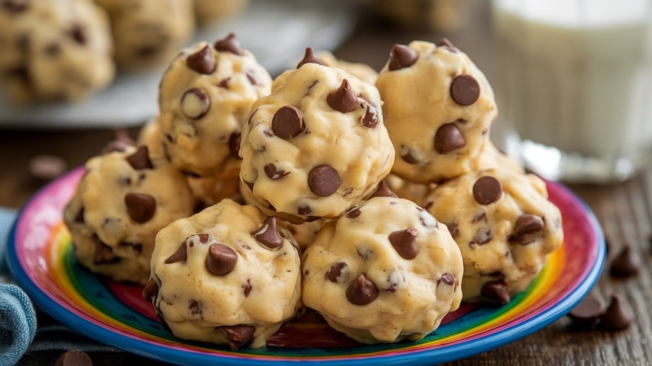 Close-up of soft and chewy cookie dough bites with mini chocolate chips on a colorful plate, accompanied by a glass of milk.