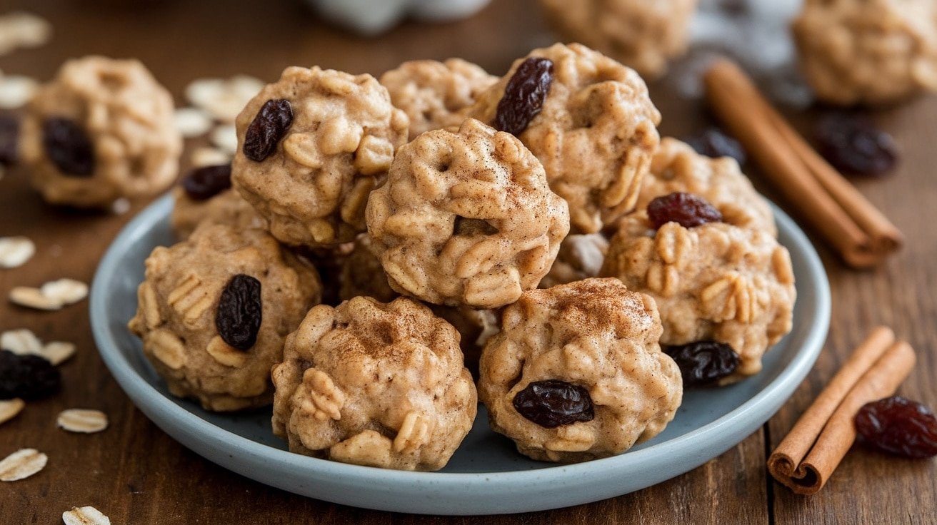 A plate of chewy no-bake cinnamon raisin protein bites with oats and cinnamon sticks on a rustic table.