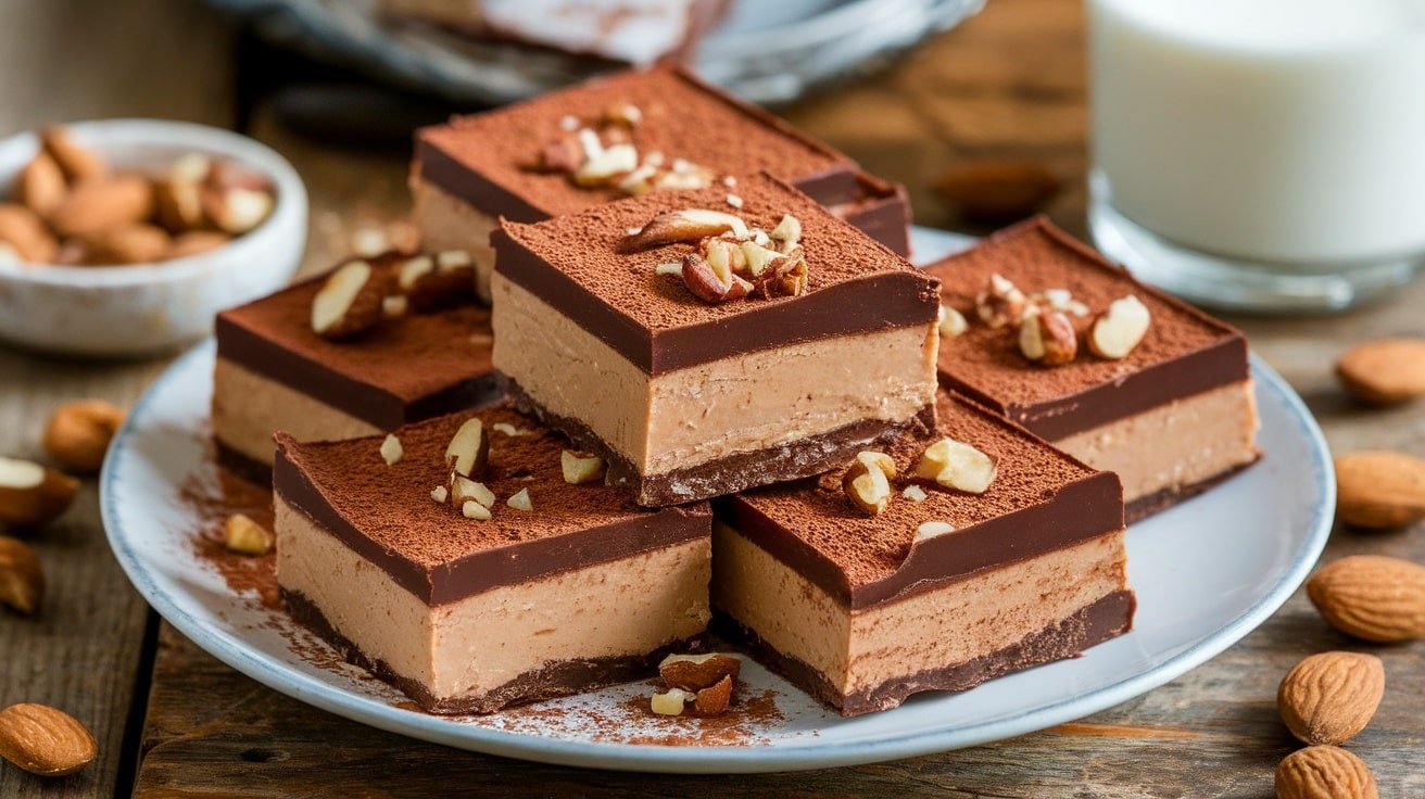 A tempting plate of no-bake almond butter chocolate squares, garnished with nuts, on a wooden table with a glass of milk.