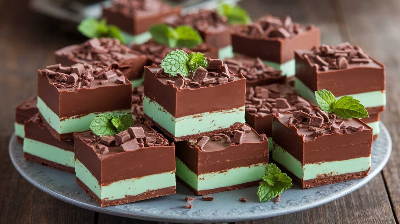 Squares of No-Bake Chocolate Mint Fudge topped with chocolate shavings and mint leaves on a wooden table.