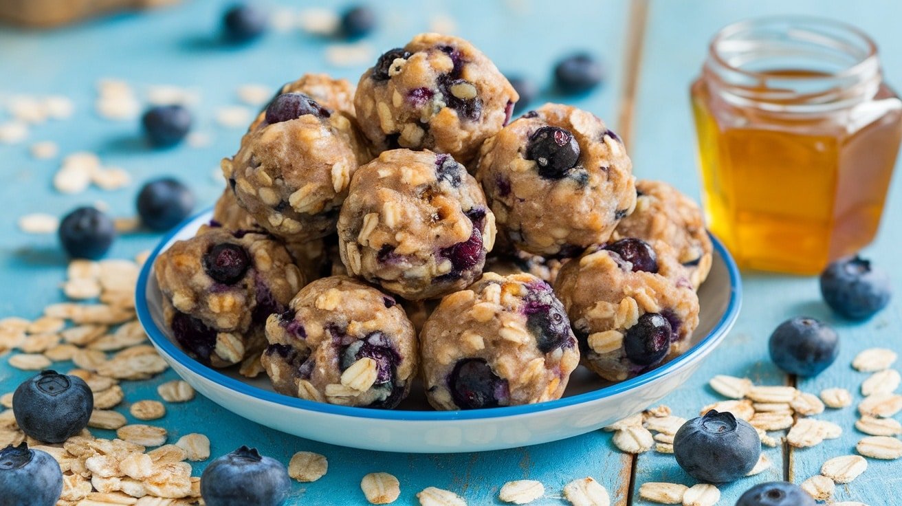 A plate of No-Bake Blueberry Muffin Energy Balls with blueberries and oats on a rustic table.