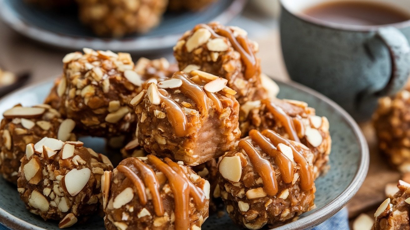 A plate of No-Bake Maple Almond Energy Bites with almonds and maple syrup, surrounded by a warm beverage.