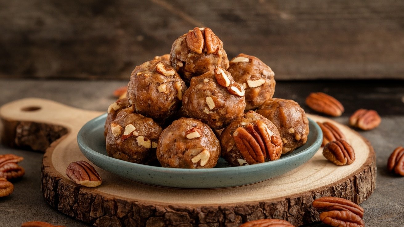 Plate of No-Bake Pecan Pie Energy Bites on a wooden surface, garnished with whole pecans.