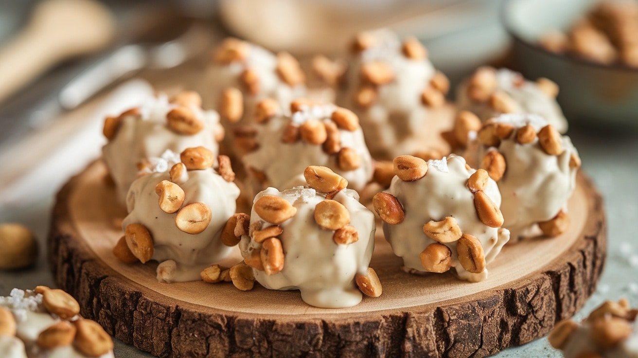 Close-up of No-Bake White Chocolate Peanut Butter Clusters on a wooden platter, garnished with peanuts.
