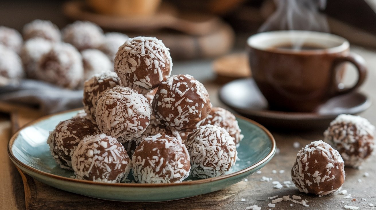 A plate of No-Bake Mocha Coconut Energy Balls sprinkled with shredded coconut, alongside a cup of coffee.
