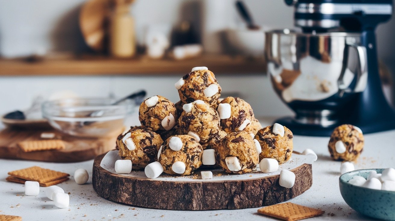 A plate of No-Bake S’mores Energy Balls with chocolate chips and marshmallows, garnished with graham cracker crumbs.