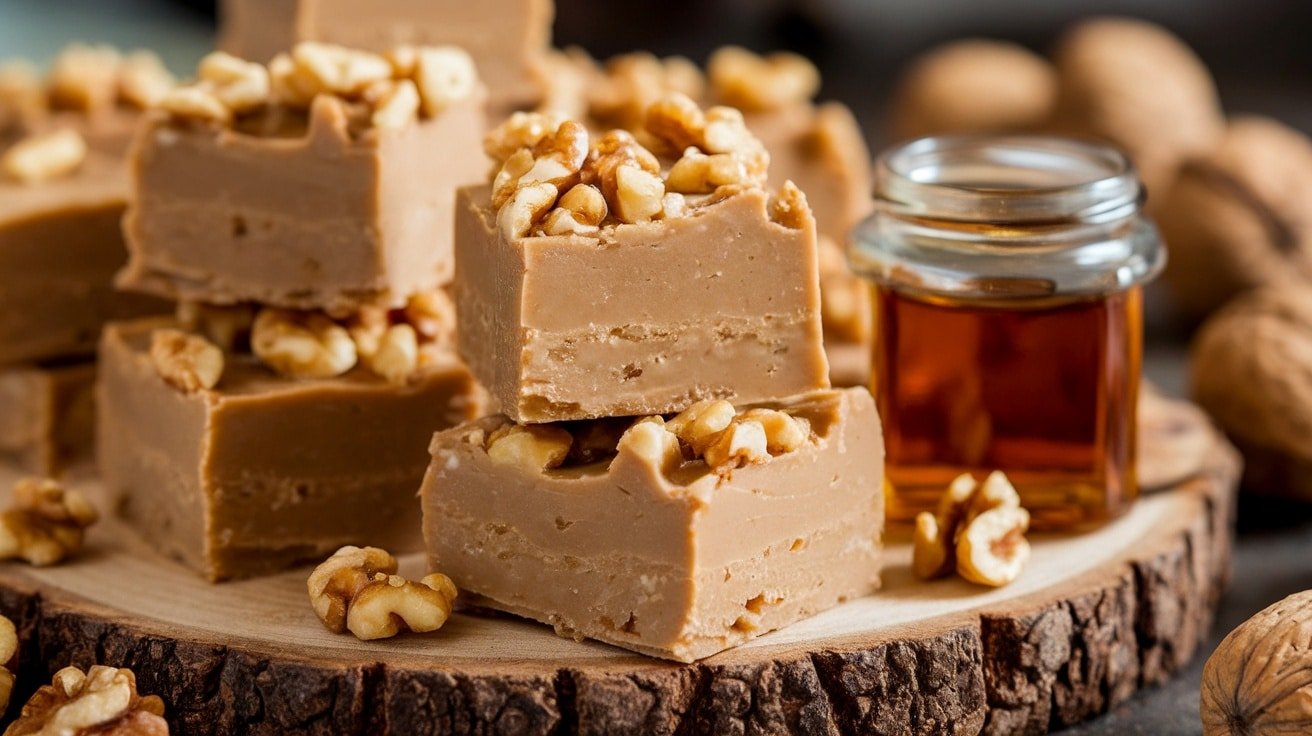 A close-up of creamy No-Bake Maple Walnut Fudge on a wooden platter, garnished with walnuts and a jar of maple syrup.