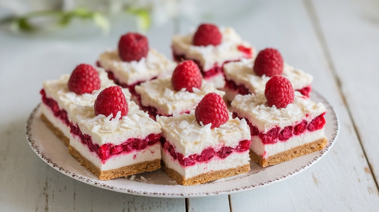 No-Bake Raspberry Coconut Cream Bars with layers of coconut and raspberries, garnished with shredded coconut on a rustic plate.