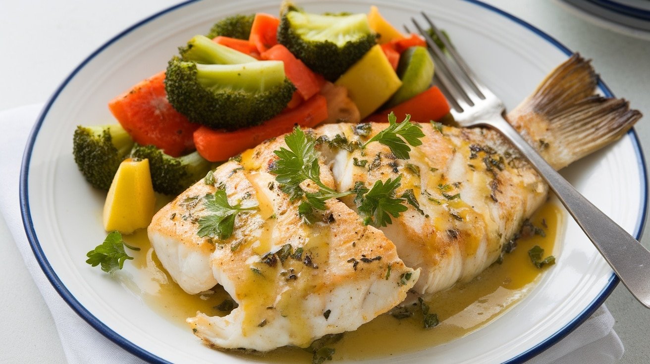 Baked Lemon Butter Tilapia on a plate, garnished with parsley and served with steamed vegetables.