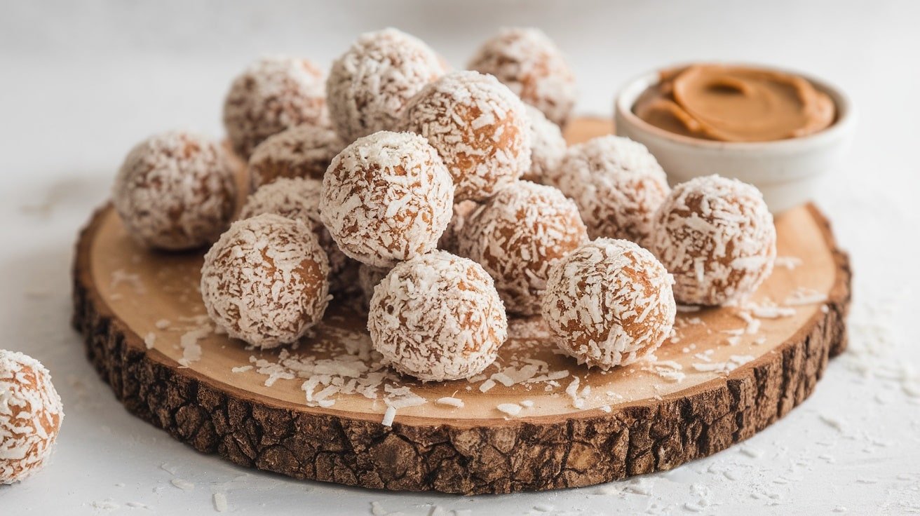 A plate of no-bake protein bites made with coconut and vanilla, on a rustic wooden board.