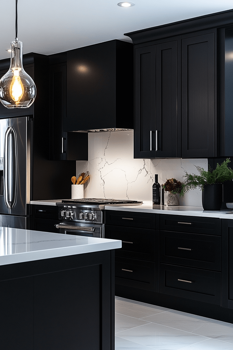 black cabinets white countertops