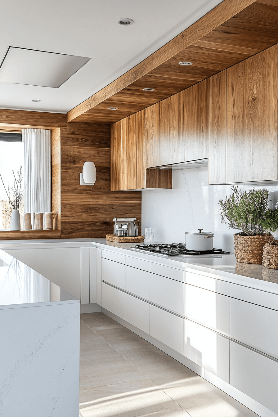 white and wood kitchen cabinets