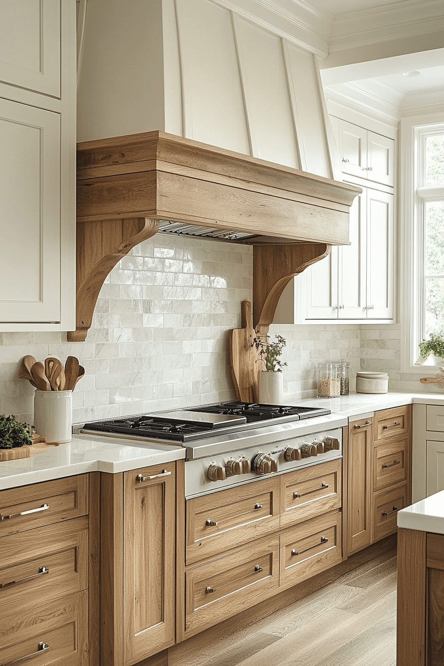 white and wood kitchen cabinets