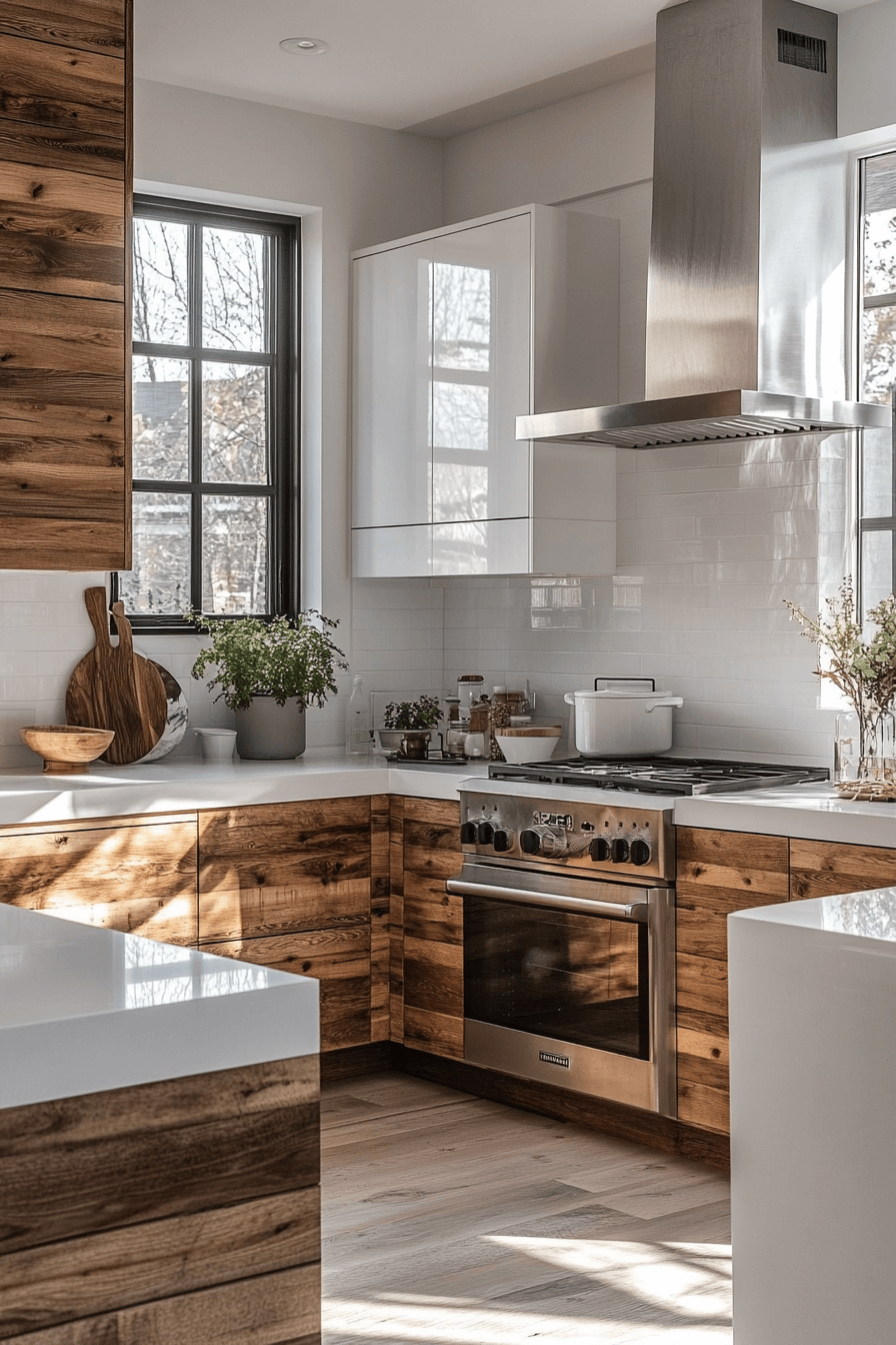 white and wood kitchen cabinets