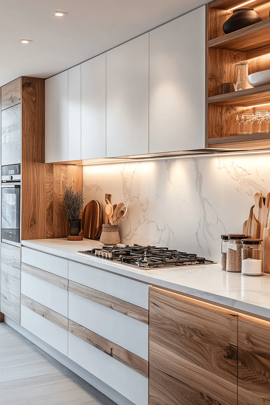 white and wood kitchen cabinets