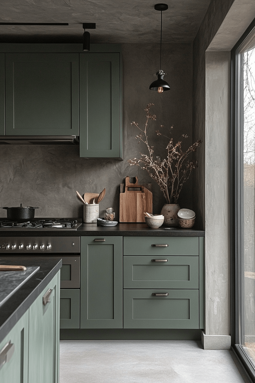 pewter green kitchen cabinets